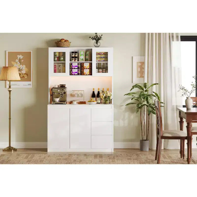 COZONY 71 Meuble de rangement de cuisine haut avec lumières LED et station de charge, armoire d'angle réglable avec étagère à micro-ondes pour un rangement optimal