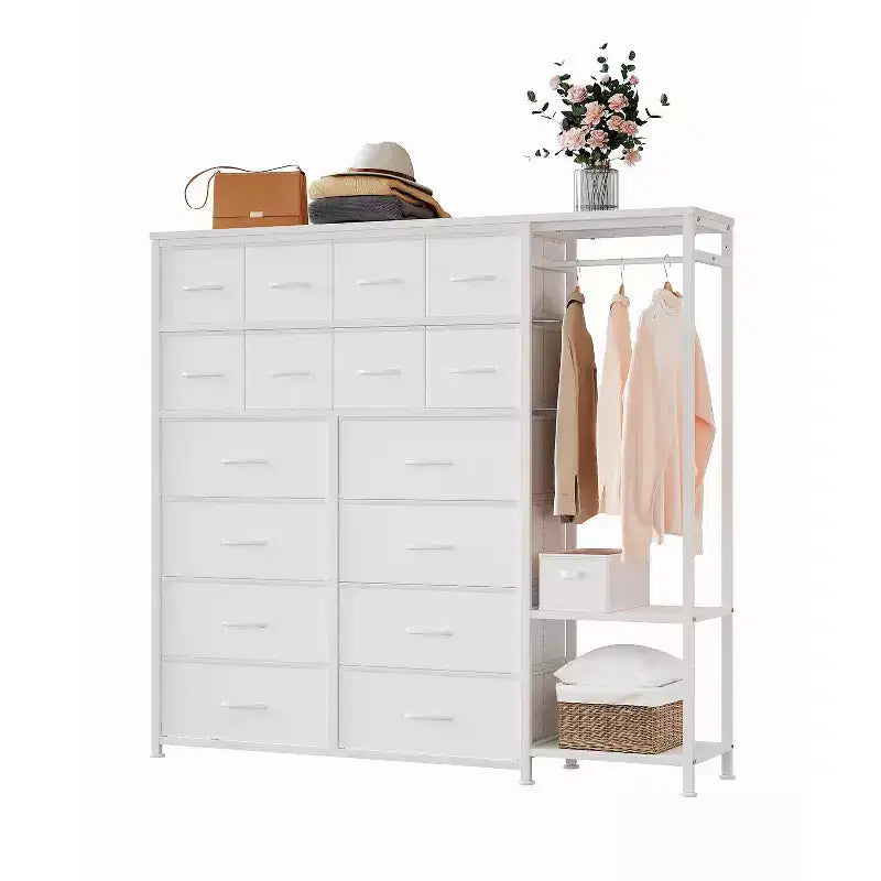 Portant à Vêtements avec 16 Tiroirs en Tissu et 2 Étagères de Rangement, Organisateur de Placard Autonome pour Vêtements Suspendus, Penderie Robuste