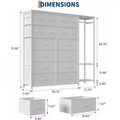 Portant à Vêtements avec 16 Tiroirs en Tissu et 2 Étagères de Rangement, Organisateur de Placard Autonome pour Vêtements Suspendus, Penderie Robuste