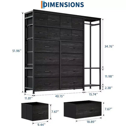 Portant à Vêtements avec 16 Tiroirs en Tissu et 2 Étagères de Rangement, Organisateur de Placard Autonome pour Vêtements Suspendus, Penderie Robuste