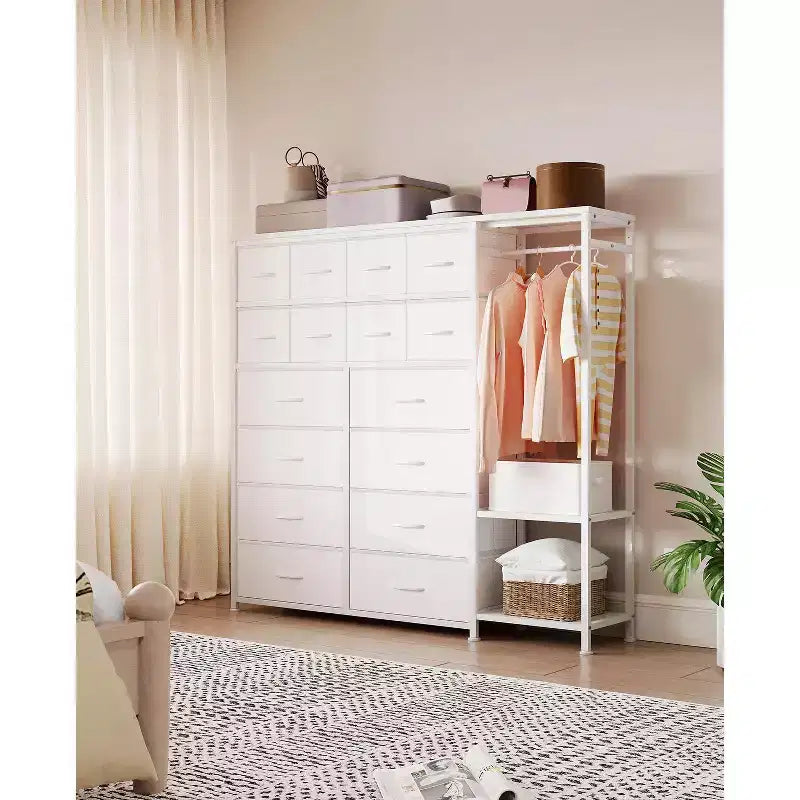 Portant à Vêtements avec 16 Tiroirs en Tissu et 2 Étagères de Rangement, Organisateur de Placard Autonome pour Vêtements Suspendus, Penderie Robuste