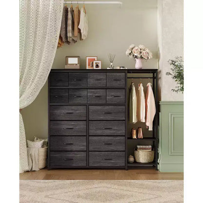 Clothes Rack with 16 Fabric Drawers & 2 Storage Shelves, Freestanding Closet Organizer for Hanging Clothes, Heavy Duty Garment Rack