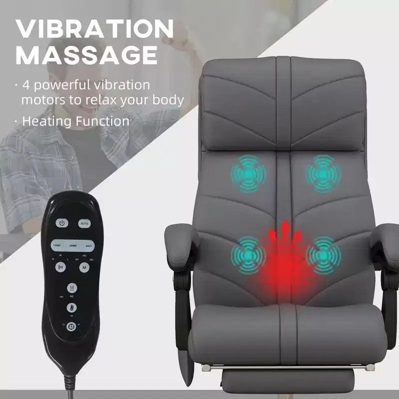 Fauteuil de bureau de direction Okak avec 4 vibrations et chaleur, fauteuil croisé avec hauteur réglable, fauteuil pivotant à 360° pour la maison, le bureau, gris