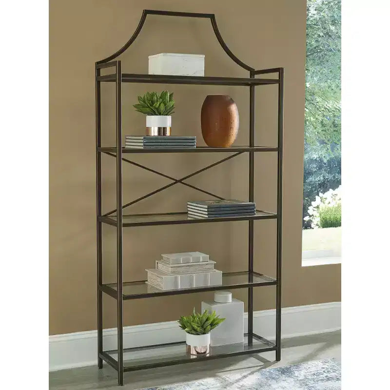 Bibliothèque Bernonly 72 en verre, 5 étagères, meuble de rangement avec cadre métallique, finition bronze antique, par Ashley Furniture