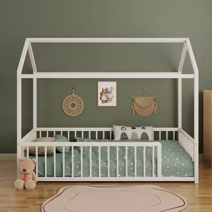 Cadre de lit Montessori en métal, format double/complet, lit cabane avec barrière de sécurité pour enfants et tout-petits - ModernLuxe