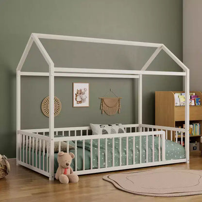 Cadre de lit Montessori en métal, format double/complet, lit cabane avec barrière de sécurité pour enfants et tout-petits - ModernLuxe