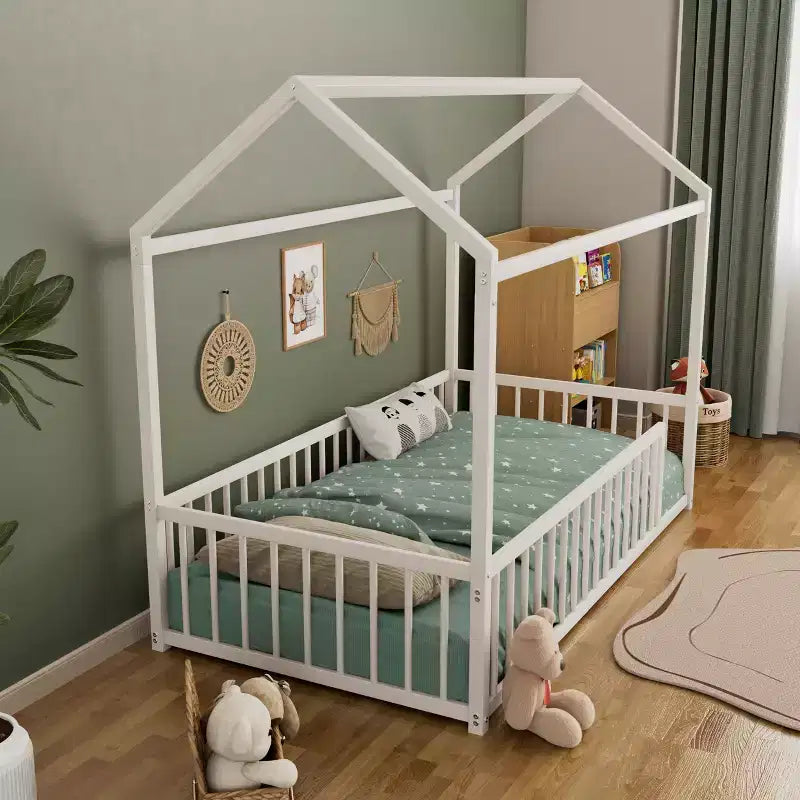 Cadre de lit Montessori en métal, format double/complet, lit cabane avec barrière de sécurité pour enfants et tout-petits - ModernLuxe