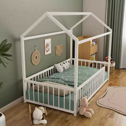 Cadre de lit Montessori en métal, format double/complet, lit cabane avec barrière de sécurité pour enfants et tout-petits - ModernLuxe
