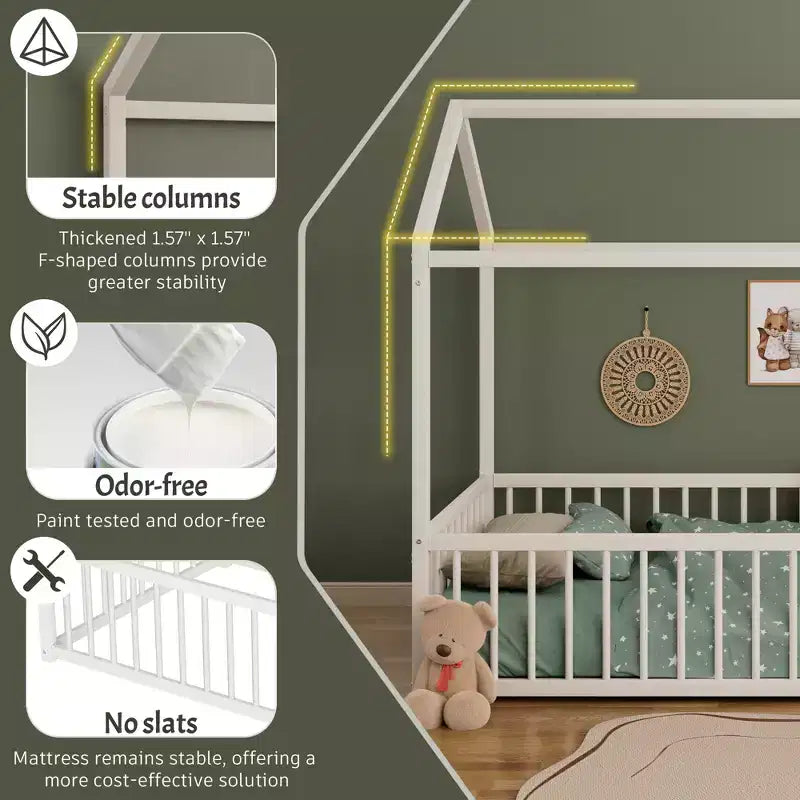 Cadre de lit Montessori en métal, format double/complet, lit cabane avec barrière de sécurité pour enfants et tout-petits - ModernLuxe