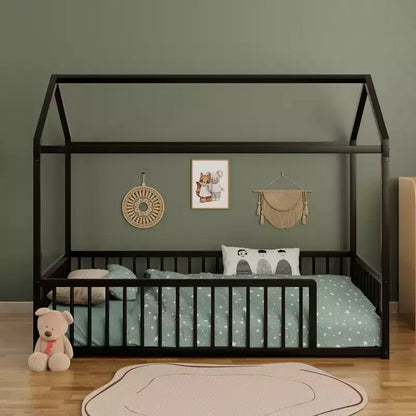Cadre de lit Montessori en métal, format double/complet, lit cabane avec barrière de sécurité pour enfants et tout-petits - ModernLuxe