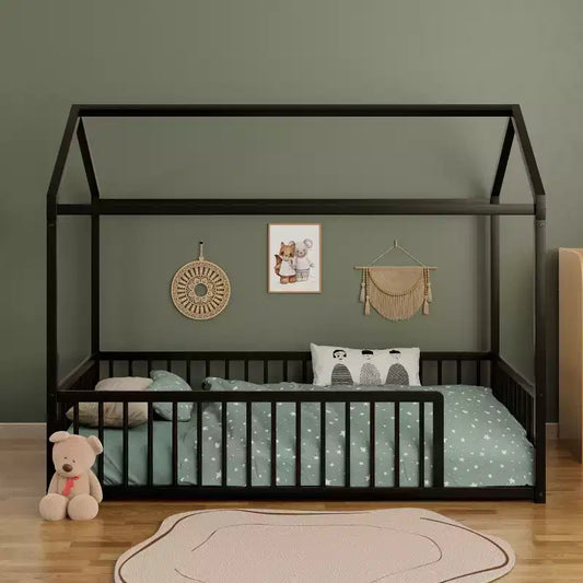 Cadre de lit Montessori en métal, format double/complet, lit cabane avec barrière de sécurité pour enfants et tout-petits - ModernLuxe