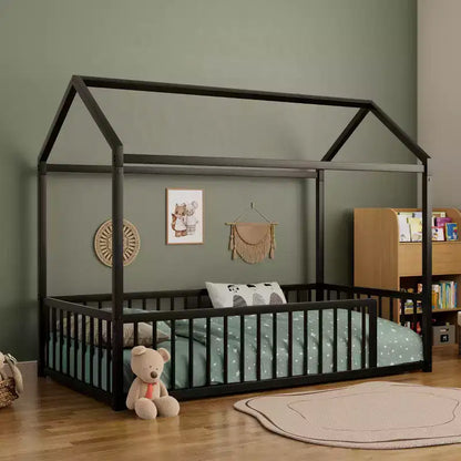 Cadre de lit Montessori en métal, format double/complet, lit cabane avec barrière de sécurité pour enfants et tout-petits - ModernLuxe