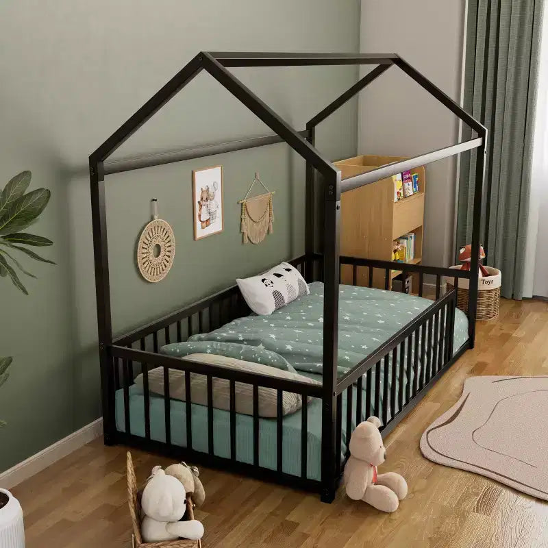 Cadre de lit Montessori en métal, format double/complet, lit cabane avec barrière de sécurité pour enfants et tout-petits - ModernLuxe