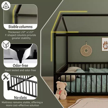 Cadre de lit Montessori en métal, format double/complet, lit cabane avec barrière de sécurité pour enfants et tout-petits - ModernLuxe