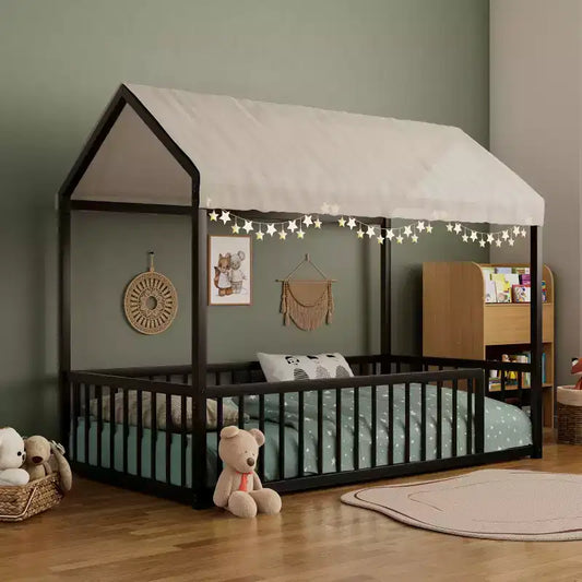 Twin/Full Size Montessori Metal Floor Bed Frame, House Shaped Bed with Safety Fence for Kids & Toddlers - ModernLuxe