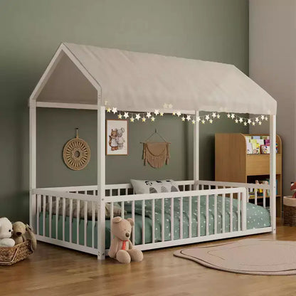 Cadre de lit Montessori en métal, format double/complet, lit cabane avec barrière de sécurité pour enfants et tout-petits - ModernLuxe