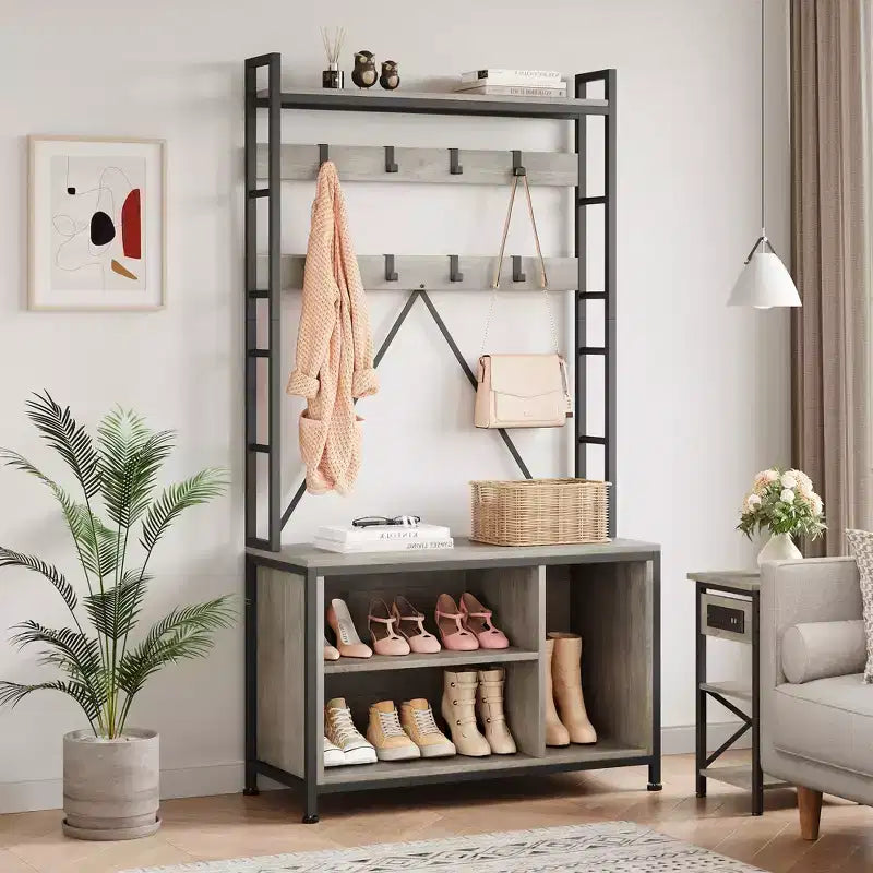 Meuble à chaussures pour placard, portemanteau avec banc de rangement à chaussures de 92,4 cm, banc d'entrée/couloir 3 en 1 avec porte-manteau et patère murale à 8 crochets, banc industriel
