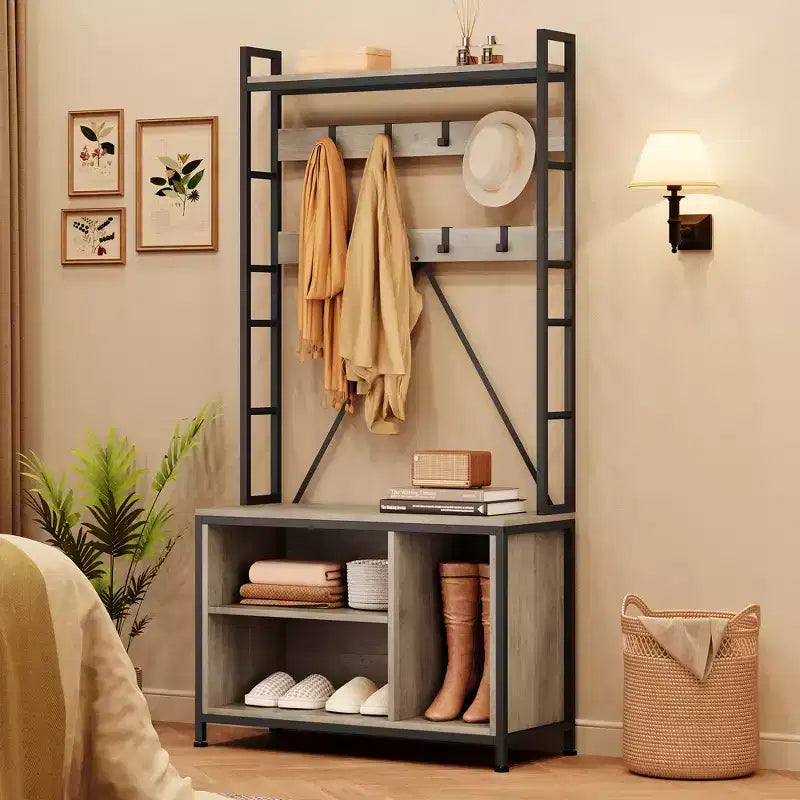 Meuble à chaussures pour placard, portemanteau avec banc de rangement à chaussures de 92,4 cm, banc d'entrée/couloir 3 en 1 avec porte-manteau et patère murale à 8 crochets, banc industriel