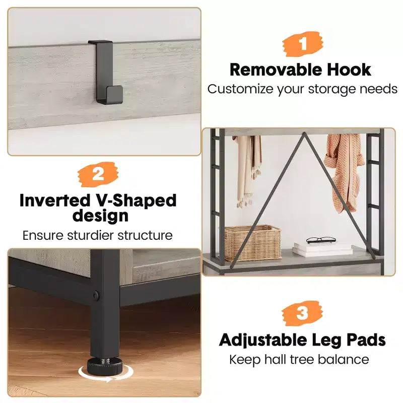 Meuble à chaussures pour placard, portemanteau avec banc de rangement à chaussures de 92,4 cm, banc d'entrée/couloir 3 en 1 avec porte-manteau et patère murale à 8 crochets, banc industriel