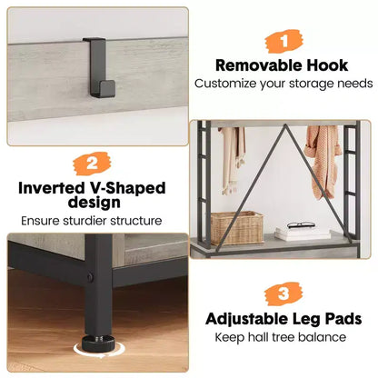 Meuble à chaussures pour placard, portemanteau avec banc de rangement à chaussures de 92,4 cm, banc d'entrée/couloir 3 en 1 avec porte-manteau et patère murale à 8 crochets, banc industriel