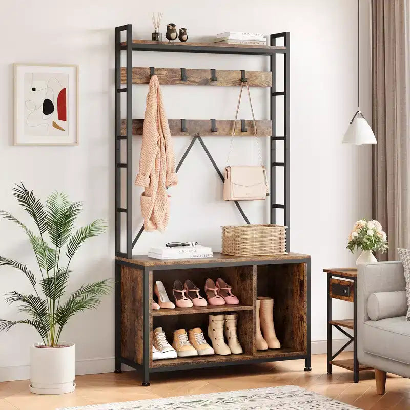 Meuble à chaussures pour placard, portemanteau avec banc de rangement à chaussures de 92,4 cm, banc d'entrée/couloir 3 en 1 avec porte-manteau et patère murale à 8 crochets, banc industriel
