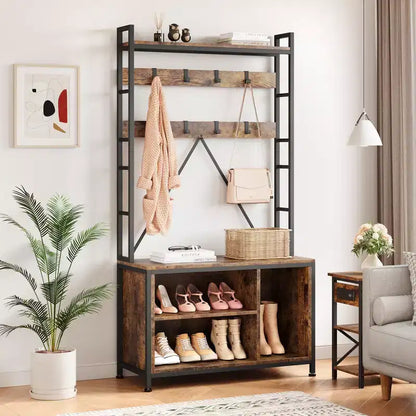 Meuble à chaussures pour placard, portemanteau avec banc de rangement à chaussures de 92,4 cm, banc d'entrée/couloir 3 en 1 avec porte-manteau et patère murale à 8 crochets, banc industriel