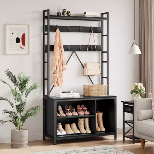 Meuble à chaussures pour placard, portemanteau avec banc de rangement à chaussures de 92,4 cm, banc d'entrée/couloir 3 en 1 avec porte-manteau et patère murale à 8 crochets, banc industriel