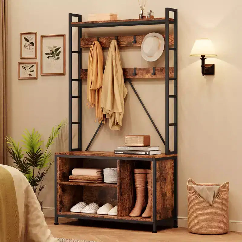 Meuble à chaussures pour placard, portemanteau avec banc de rangement à chaussures de 92,4 cm, banc d'entrée/couloir 3 en 1 avec porte-manteau et patère murale à 8 crochets, banc industriel