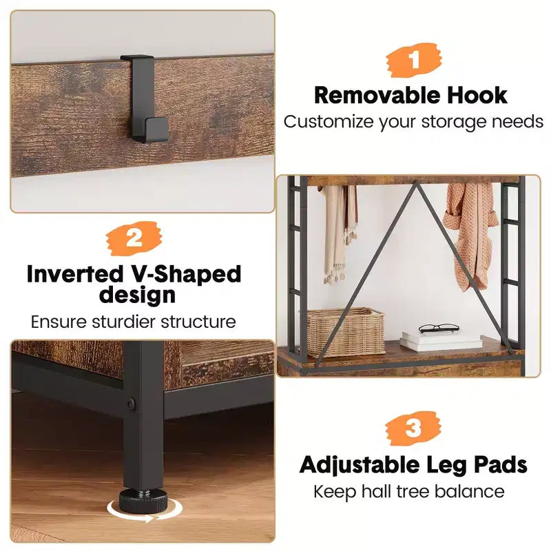 Meuble à chaussures pour placard, portemanteau avec banc de rangement à chaussures de 92,4 cm, banc d'entrée/couloir 3 en 1 avec porte-manteau et patère murale à 8 crochets, banc industriel