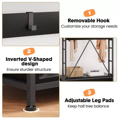 Meuble à chaussures pour placard, portemanteau avec banc de rangement à chaussures de 92,4 cm, banc d'entrée/couloir 3 en 1 avec porte-manteau et patère murale à 8 crochets, banc industriel