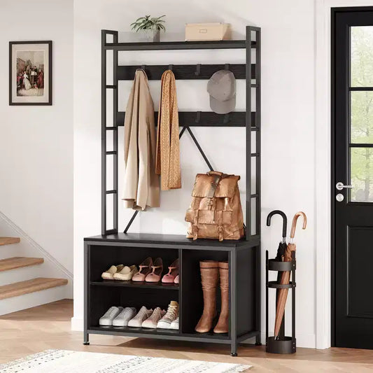 Shoe Rack for Closet, 36.41 Hall Tree with Shoe Storage Bench, 3 in 1 Hallway / Entryway Bench with Coat Rack & Wall Rack 8 Hooks, Industrial Bench
