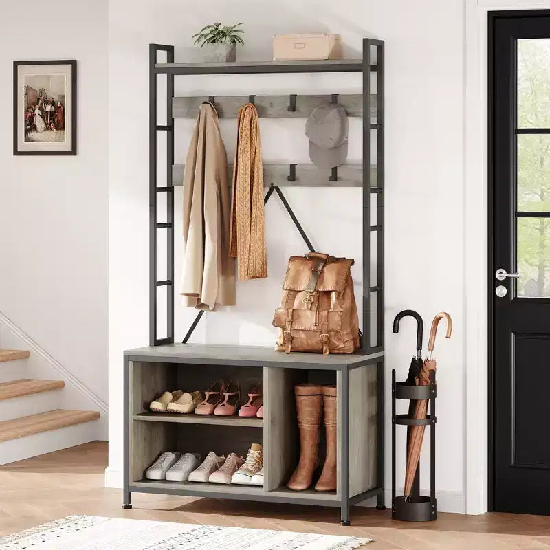 Meuble à chaussures pour placard, portemanteau avec banc de rangement à chaussures de 92,4 cm, banc d'entrée/couloir 3 en 1 avec porte-manteau et patère murale à 8 crochets, banc industriel