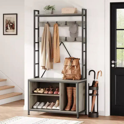 Meuble à chaussures pour placard, portemanteau avec banc de rangement à chaussures de 92,4 cm, banc d'entrée/couloir 3 en 1 avec porte-manteau et patère murale à 8 crochets, banc industriel