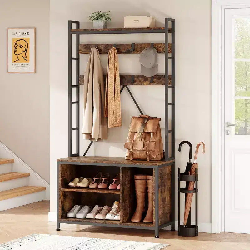 Meuble à chaussures pour placard, portemanteau avec banc de rangement à chaussures de 92,4 cm, banc d'entrée/couloir 3 en 1 avec porte-manteau et patère murale à 8 crochets, banc industriel