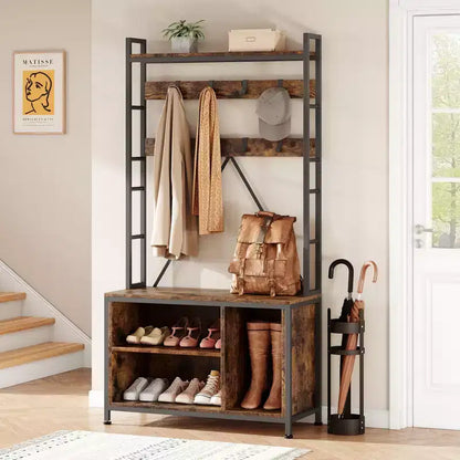 Meuble à chaussures pour placard, portemanteau avec banc de rangement à chaussures de 92,4 cm, banc d'entrée/couloir 3 en 1 avec porte-manteau et patère murale à 8 crochets, banc industriel