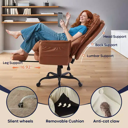 Chaise de bureau Bestier avec repose-pieds et accoudoirs relevables, chaise ergonomique à dossier haut avec poches latérales, chaise en cuir à pieds croisés avec roulettes