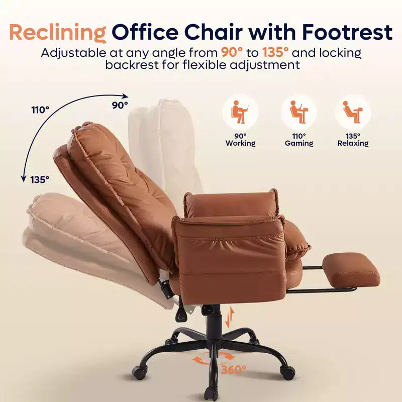 Chaise de bureau Bestier avec repose-pieds et accoudoirs relevables, chaise ergonomique à dossier haut avec poches latérales, chaise en cuir à pieds croisés avec roulettes
