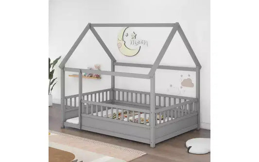 Zevemomo Full House Floor Bed Frame With Roof, Full Size Toddler Montessori Bed With Heighten Fence, for Kids, Boys and Girls,Easy Assembly, Grey