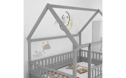Cadre de lit au sol complet Zevemomo avec toit, lit Montessori pleine taille pour tout-petits avec clôture surélevée, pour enfants, garçons et filles, montage facile, gris