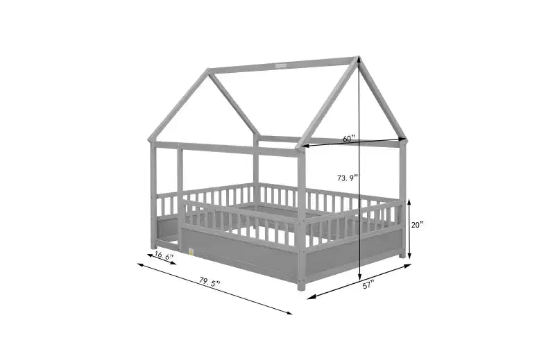 Cadre de lit au sol complet Zevemomo avec toit, lit Montessori pleine taille pour tout-petits avec clôture surélevée, pour enfants, garçons et filles, montage facile, gris