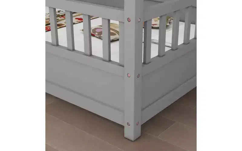 Cadre de lit au sol complet Zevemomo avec toit, lit Montessori pleine taille pour tout-petits avec clôture surélevée, pour enfants, garçons et filles, montage facile, gris