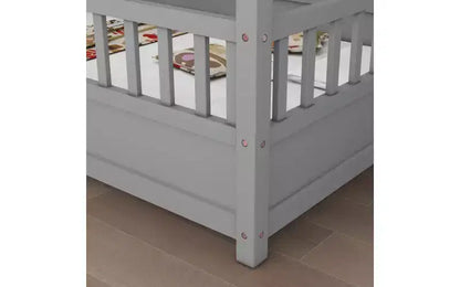 Cadre de lit au sol complet Zevemomo avec toit, lit Montessori pleine taille pour tout-petits avec clôture surélevée, pour enfants, garçons et filles, montage facile, gris