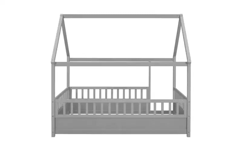 Cadre de lit au sol complet Zevemomo avec toit, lit Montessori pleine taille pour tout-petits avec clôture surélevée, pour enfants, garçons et filles, montage facile, gris