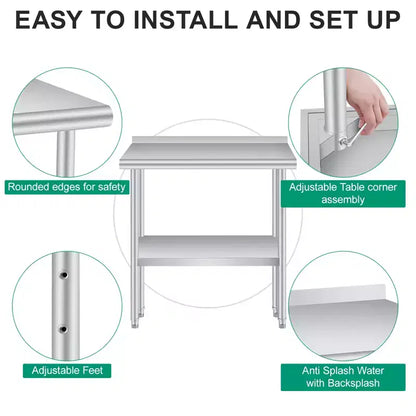 Table en acier inoxydable 60x24 pouces - Table de travail et de préparation commerciale robuste en métal avec dosseret et étagère réglable, pour cuisine, restaurant