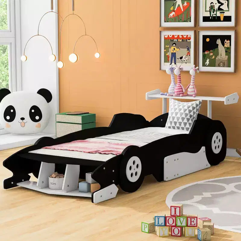 Bellemave Twin Size Race Car BedCool Car Bed Frame with Storage Shelves,Car Bed with Wheelsfor Boys and GirlsBlack