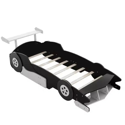 Bellemave Lit de voiture de course double tailleLit de voiture cool avec étagères de rangement, lit de voiture avec roues pour garçons et fillesNoir