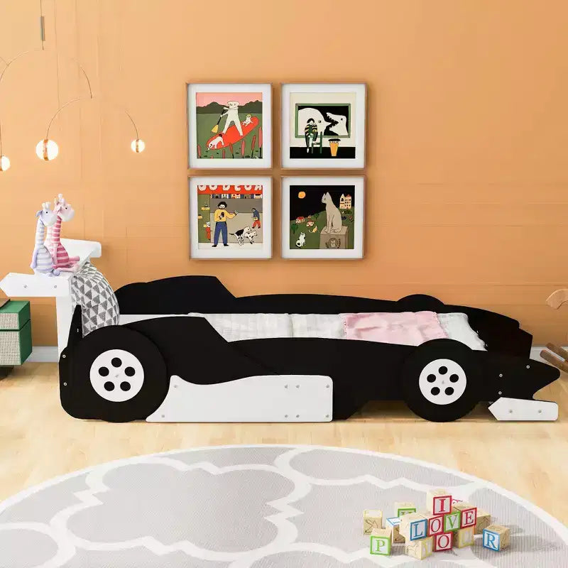 Bellemave Lit de voiture de course double tailleLit de voiture cool avec étagères de rangement, lit de voiture avec roues pour garçons et fillesNoir