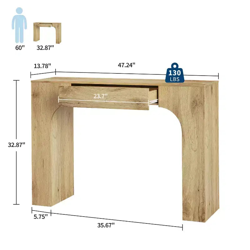 Console rustique de 119 cm avec tiroir, longue table de canapé pour derrière le canapé, table d'entrée et de couloir rustique pour salon, chêne