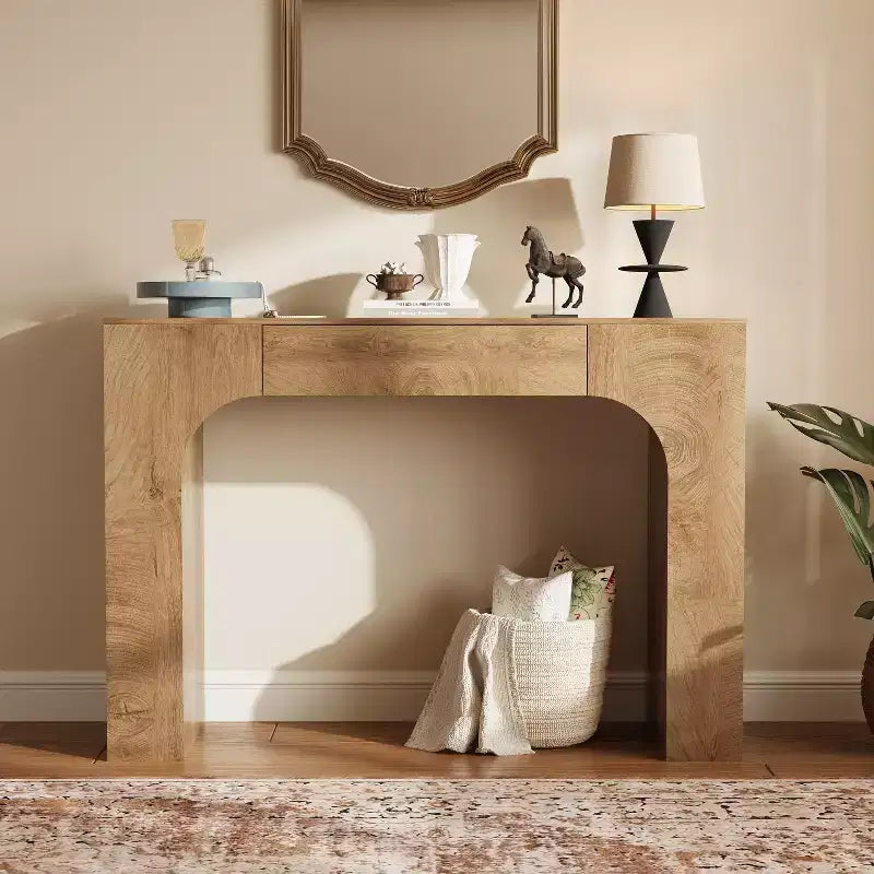 47-Inch Farmhouse Console Table with Drawer, Long Sofa Table for Behind Couch, Rustic Entryway and Hallway Table for Living Room Oak