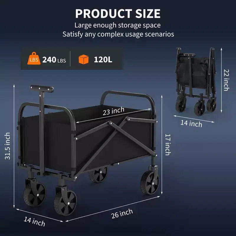 Chariot pliant portable robuste, capacité de 109 kg avec roues et freins, poignée réglable, pliable pour le camping, les courses et le rangement